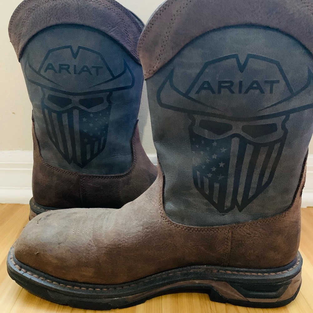 Ariat Brown and Dark Gray Leather Western Work Boots with Flag Skull Graphic